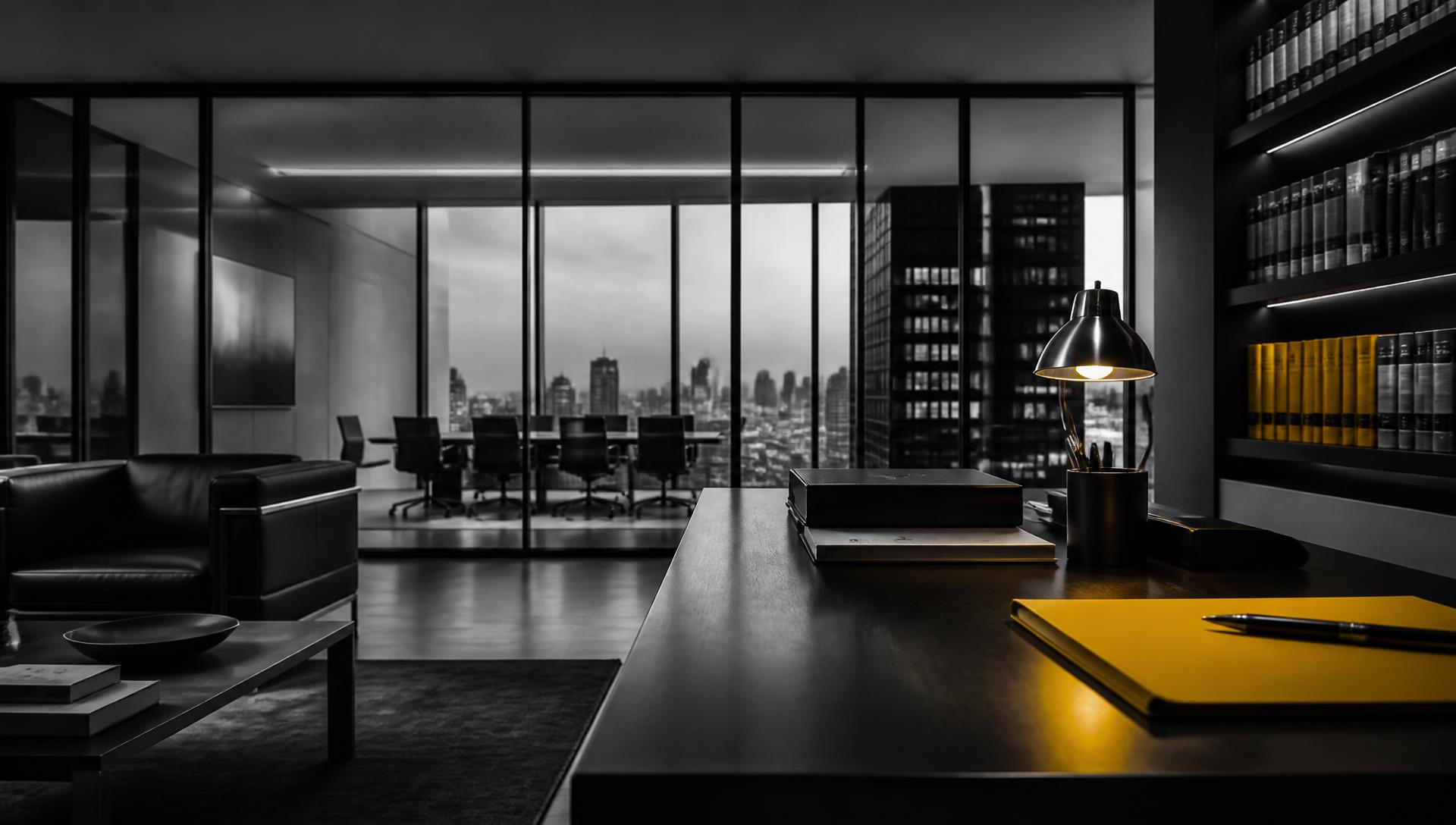 Modern law office interior with city skyline and yellow brand accents
