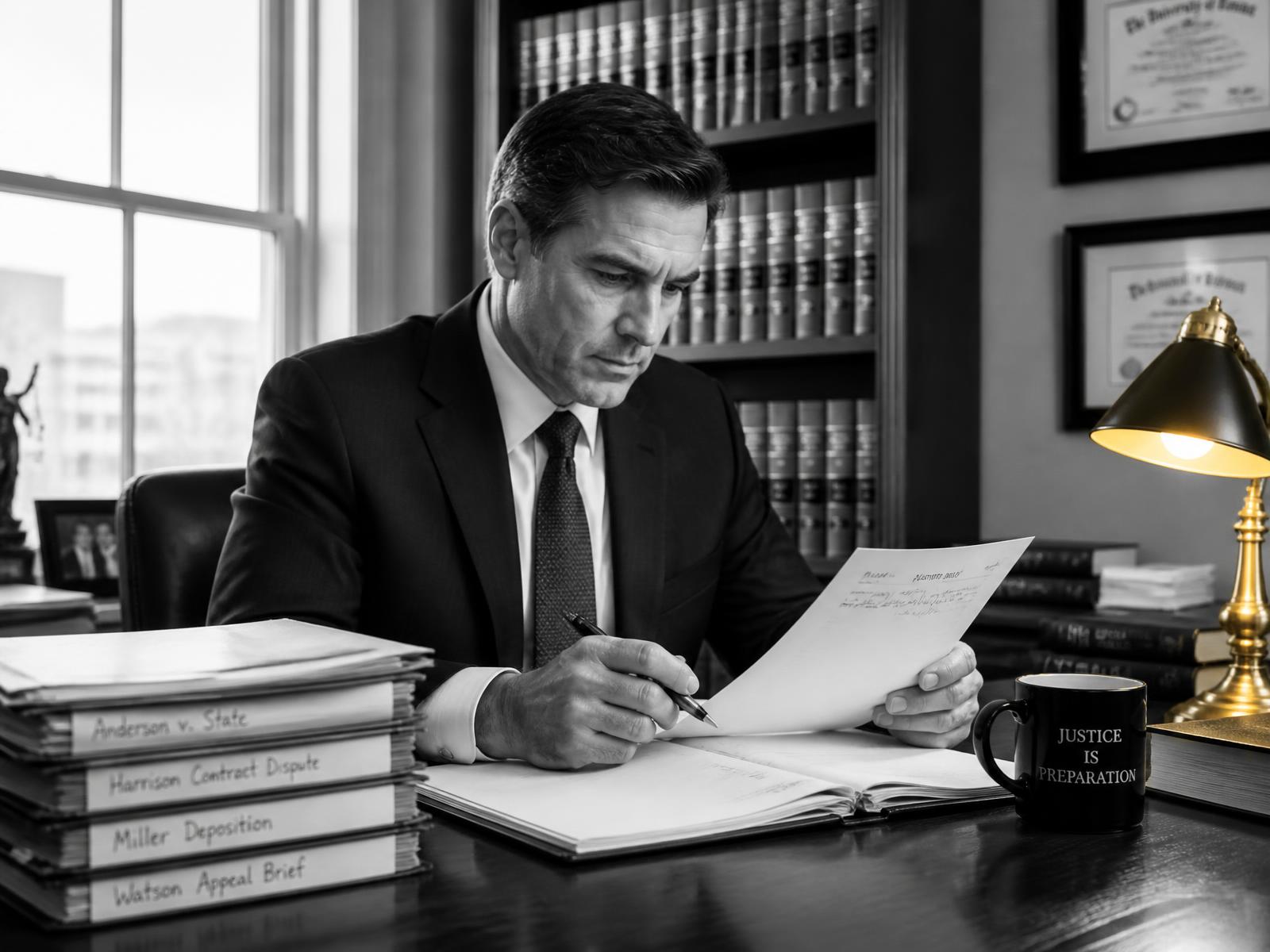 Partner reviewing case files in a law firm office